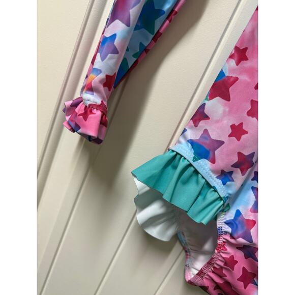 Girls One Piece Swimsuit Long Sleeve UPF 50+ Sun Ruffle Zipper Size Medium - Picture 4 of 5